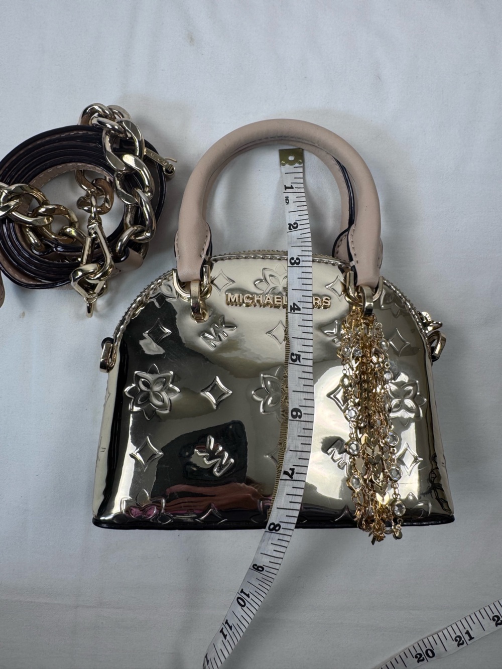 Michael Kors Mini Metallic Gold Crossbody Satchel Bag Tassel - Picture 7 of 12